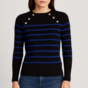 Lauren Ralph Lauren Breton Stripe‎ Nautical Military Sweater Black/Blue Womens M